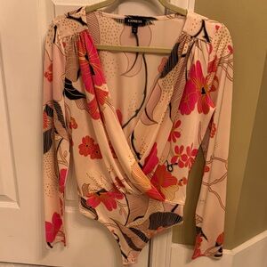 Express Floral Wrap Bodysuit - Pink and Cream